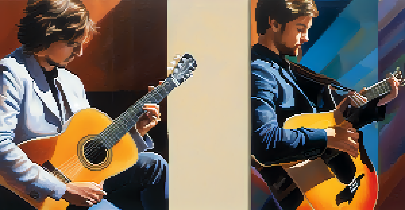A split image of a fingerstyle guitarist on one side and a flatpicking guitarist on the other, showcasing their unique styles.