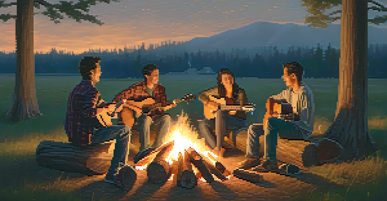 A group of friends around a campfire at dusk, with one person playing an acoustic guitar, creating a warm and inviting atmosphere.