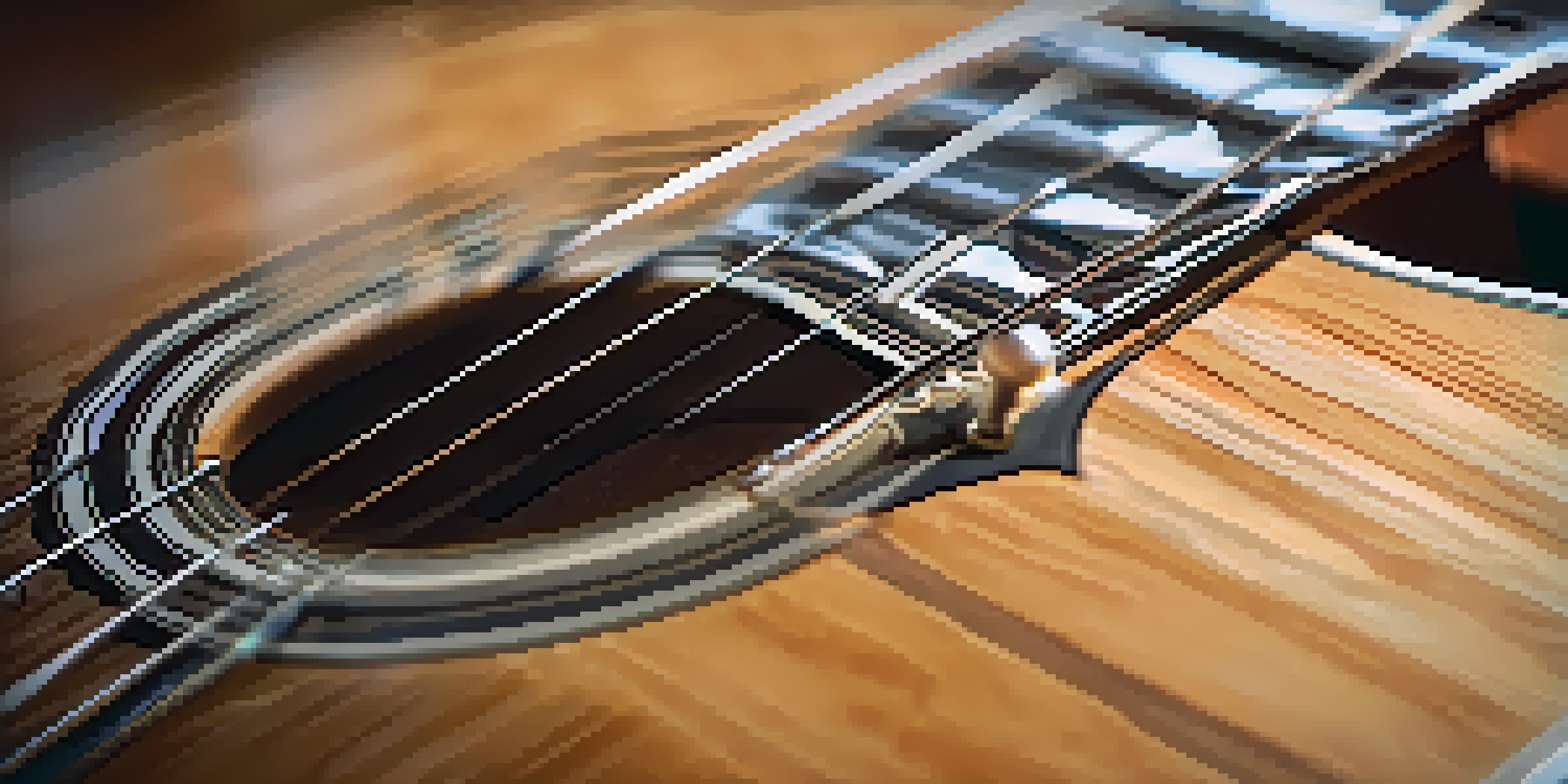 A close-up view of an acoustic guitar highlighting its wood texture and inlays under soft natural light.