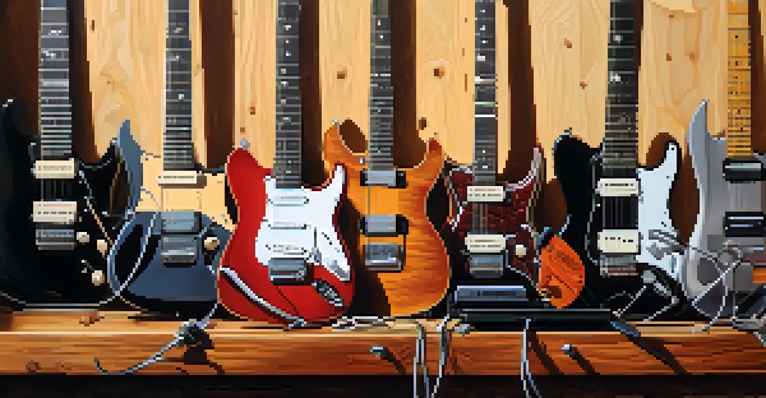 An artistic display of different electric guitar pickups on a wooden workbench, surrounded by tools in warm natural lighting.