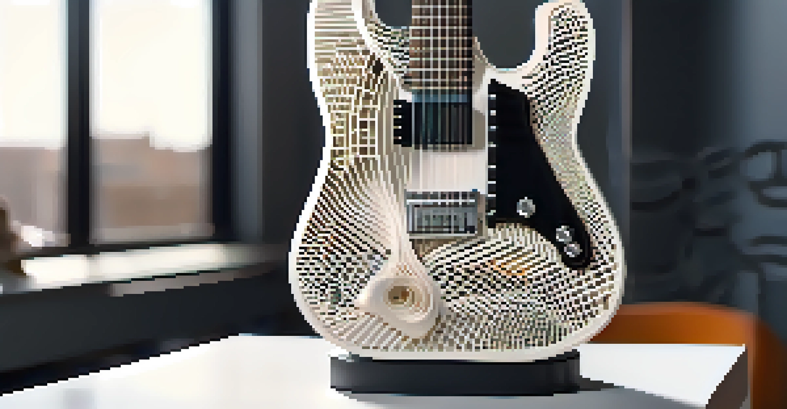 A futuristic 3D printed guitar on a pedestal in a modern studio, with focused lighting highlighting its unique design and textures.