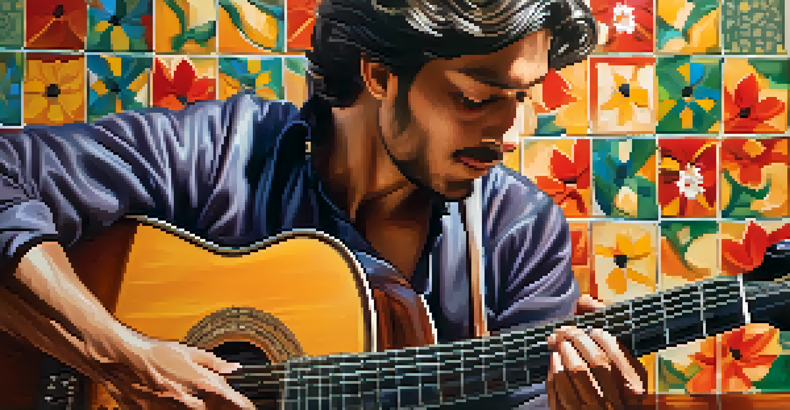 A close-up of a flamenco guitarist playing, highlighting intricate fingerpicking and a vibrant Spanish courtyard in the background.