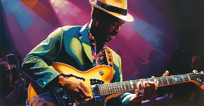 A jazz guitarist playing an electric guitar on stage with warm lighting and a blurred audience in the background.