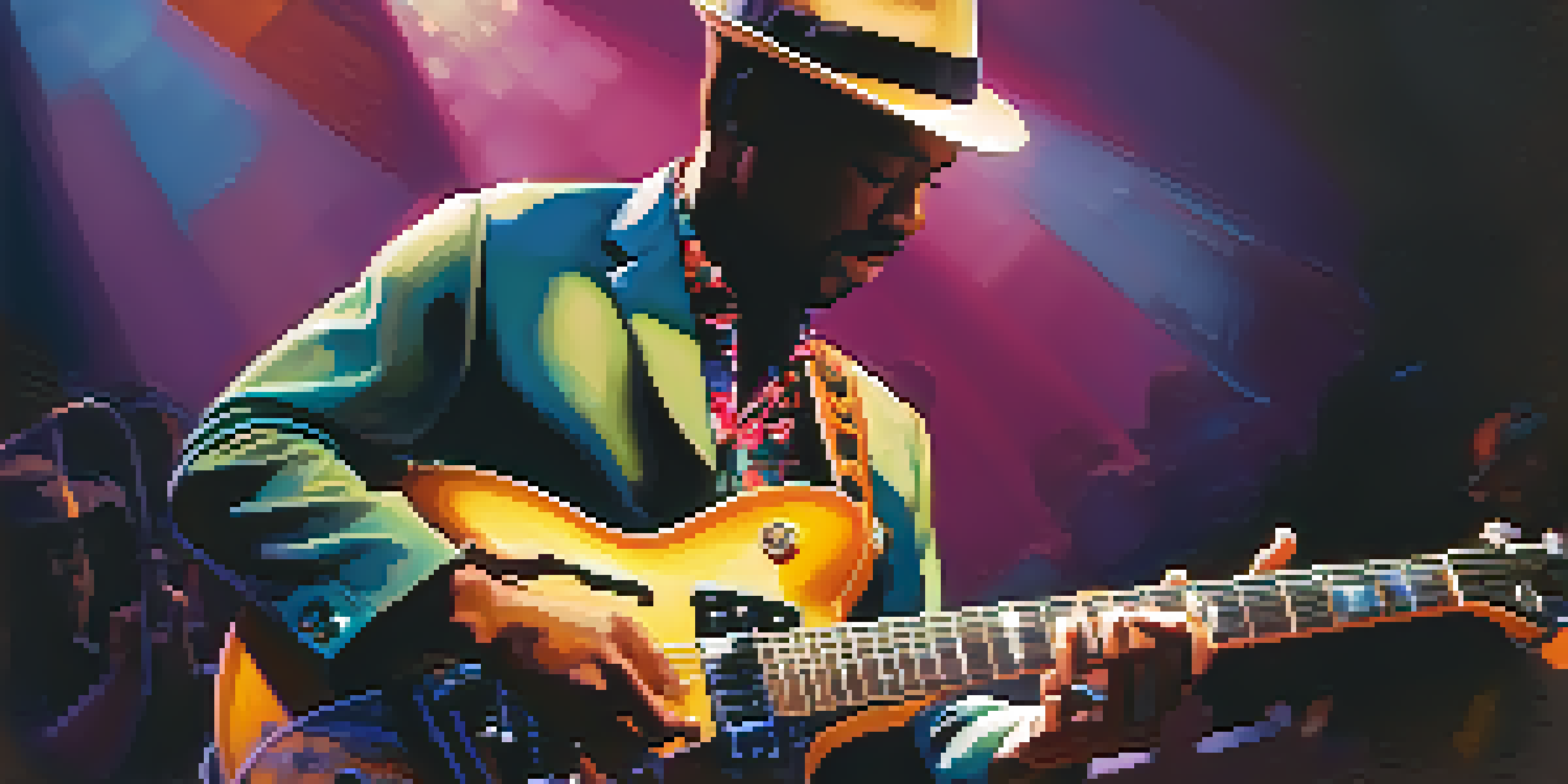 A jazz guitarist playing an electric guitar on stage with warm lighting and a blurred audience in the background.