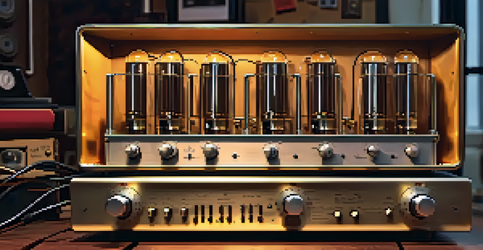 A vintage tube amplifier with glowing vacuum tubes and wooden casing in a warm-lit music studio.