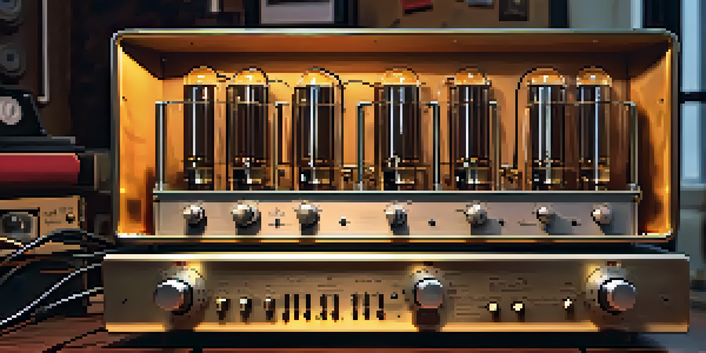 A vintage tube amplifier with glowing vacuum tubes and wooden casing in a warm-lit music studio.
