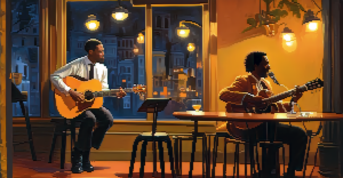 A warm and inviting jazz club where two guitarists are performing a duet, surrounded by an attentive audience.
