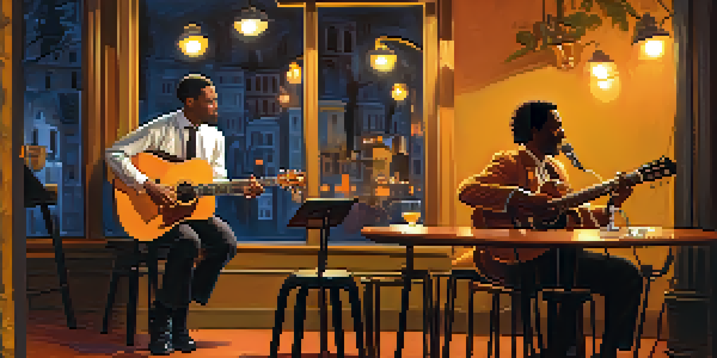 A warm and inviting jazz club where two guitarists are performing a duet, surrounded by an attentive audience.