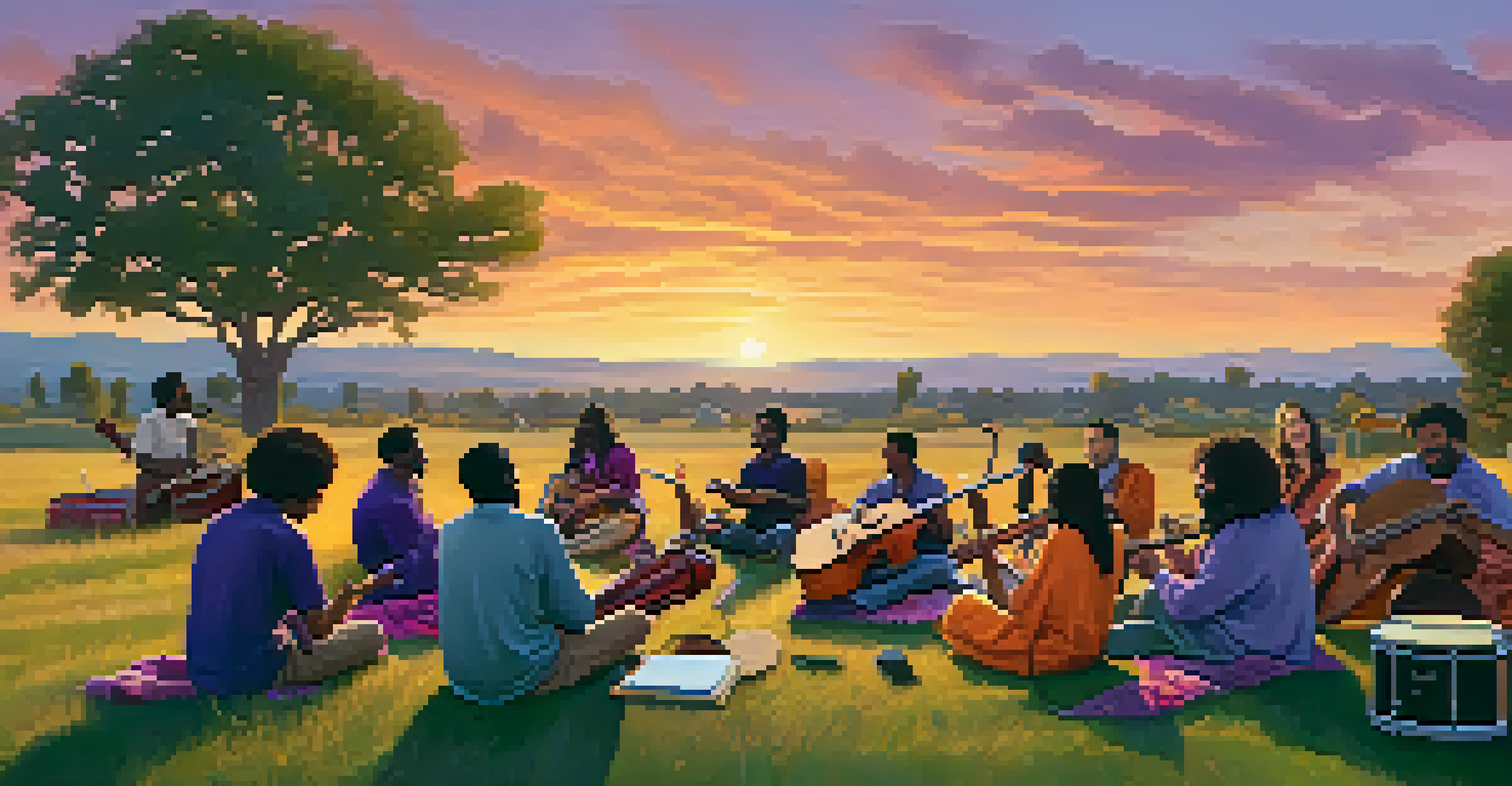 A diverse group of musicians enjoying a jam session in a sunset-lit grassy field.