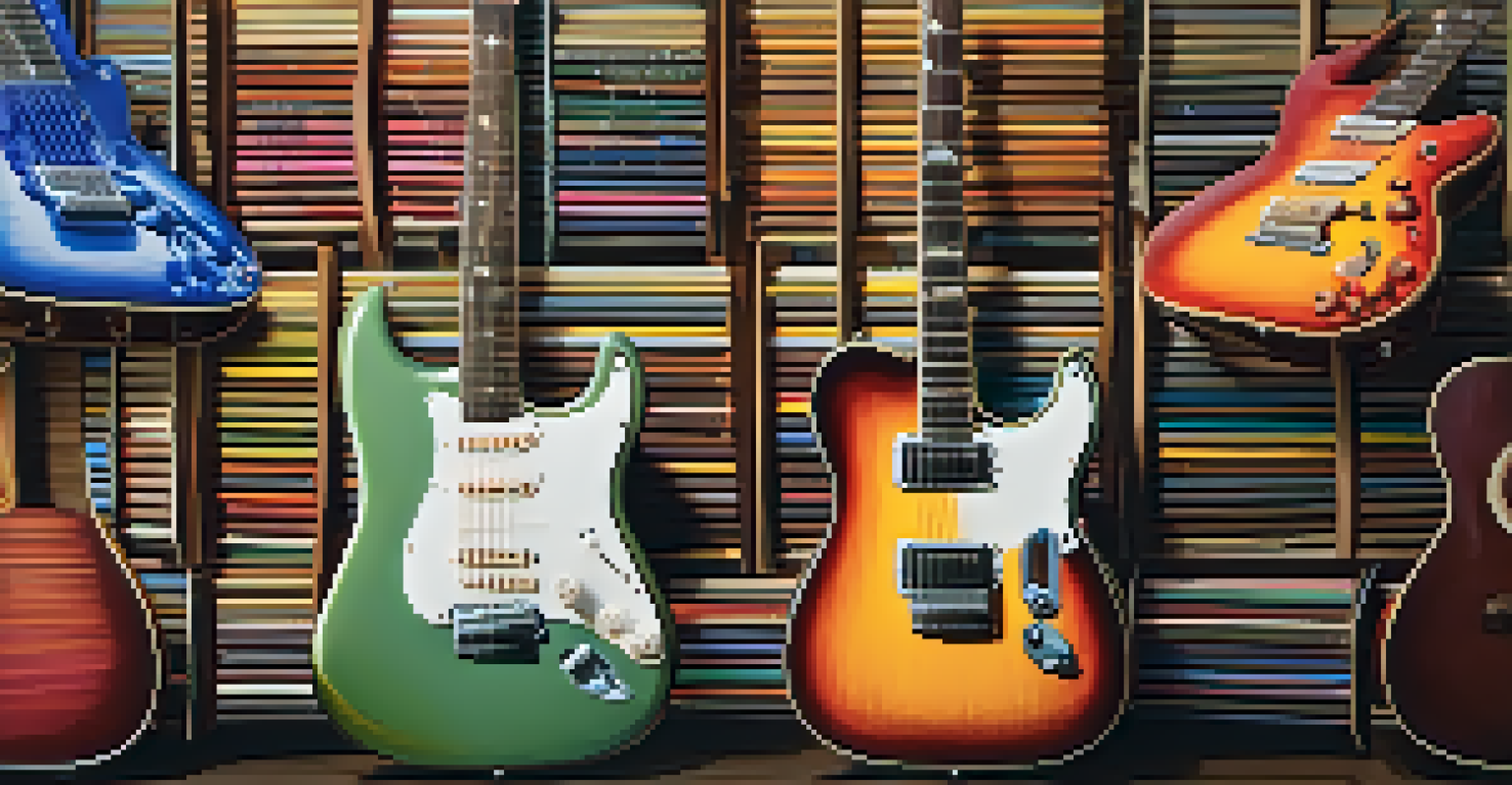 An organized display of guitar string brands on a table, featuring colorful packaging and soft lighting.