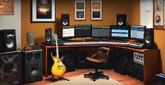 A comfortable home recording studio with a computer displaying a DAW, guitars, and audio equipment, illuminated by warm lighting.