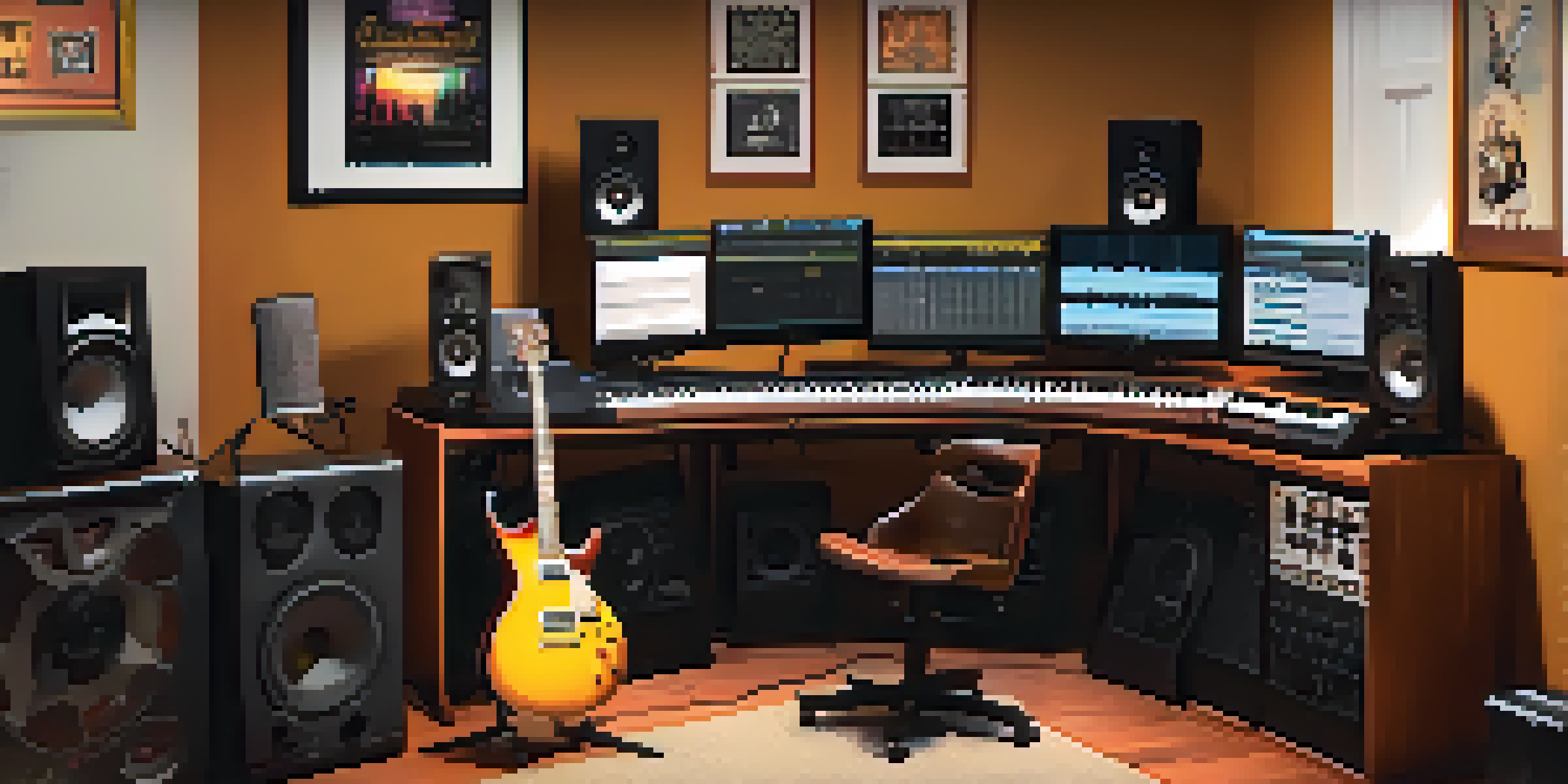 A comfortable home recording studio with a computer displaying a DAW, guitars, and audio equipment, illuminated by warm lighting.