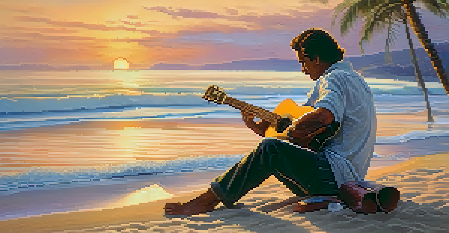 A bossa nova guitarist playing on the beach at sunset, with palm trees and ocean waves in the background.