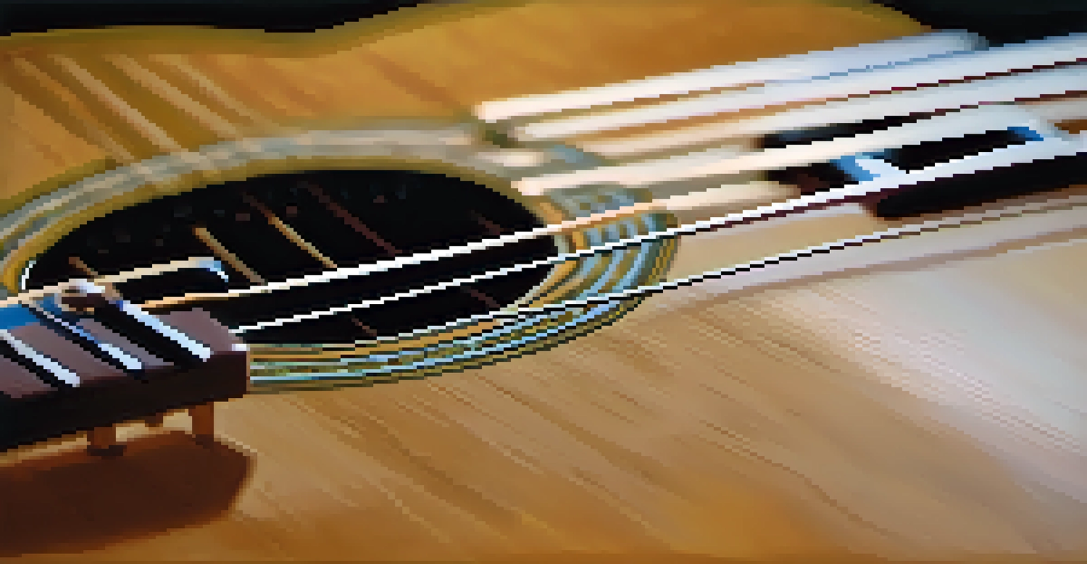 Close-up of nylon strings on a classical guitar, highlighting the natural wood grain and soft lighting.