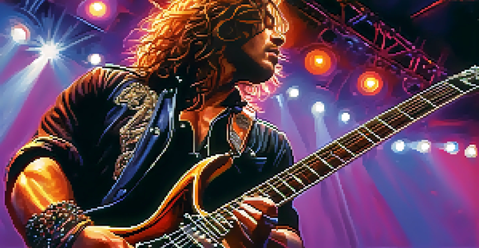 A heavy metal guitarist performing on stage with colorful lights, holding an electric guitar.