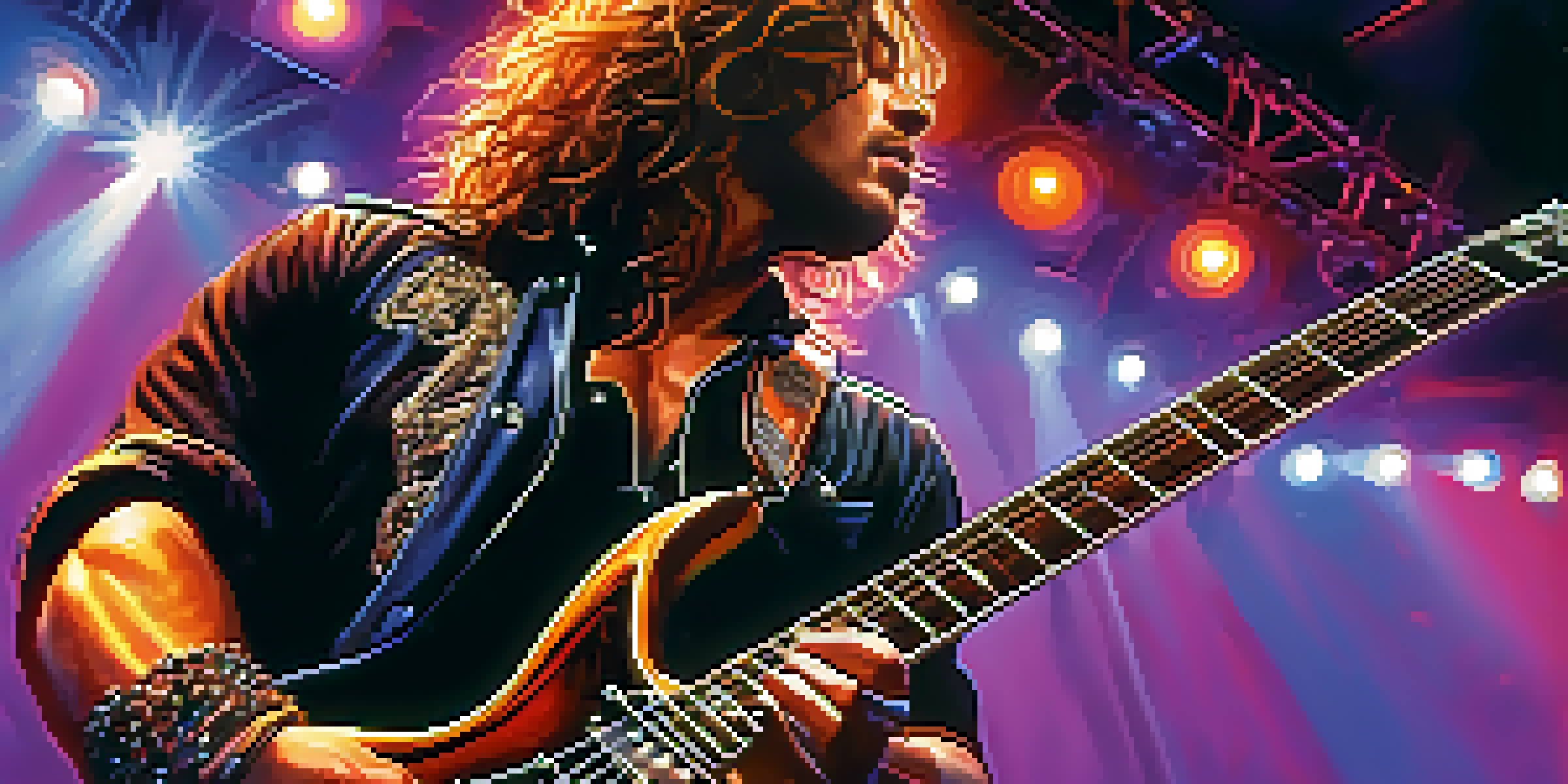 A heavy metal guitarist performing on stage with colorful lights, holding an electric guitar.