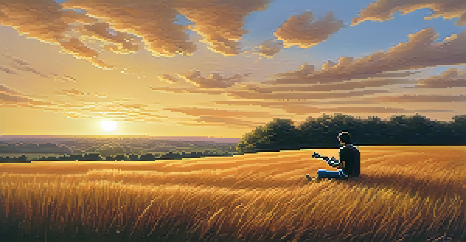 A guitarist sitting in a field at sunset, playing a guitar with warm colors in the sky and soft light illuminating the instrument.