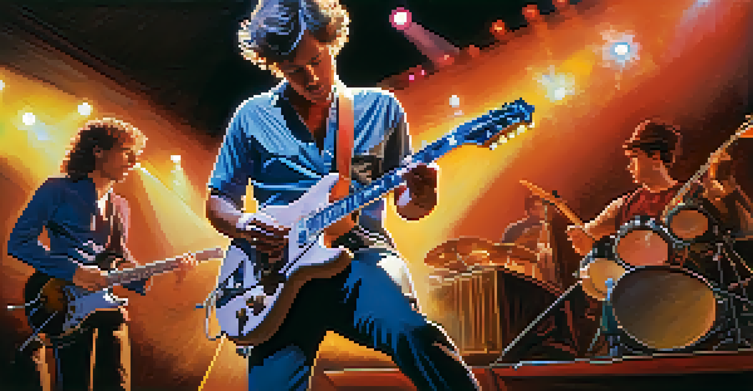 A guitarist performing on stage with colorful lights and an engaged audience.