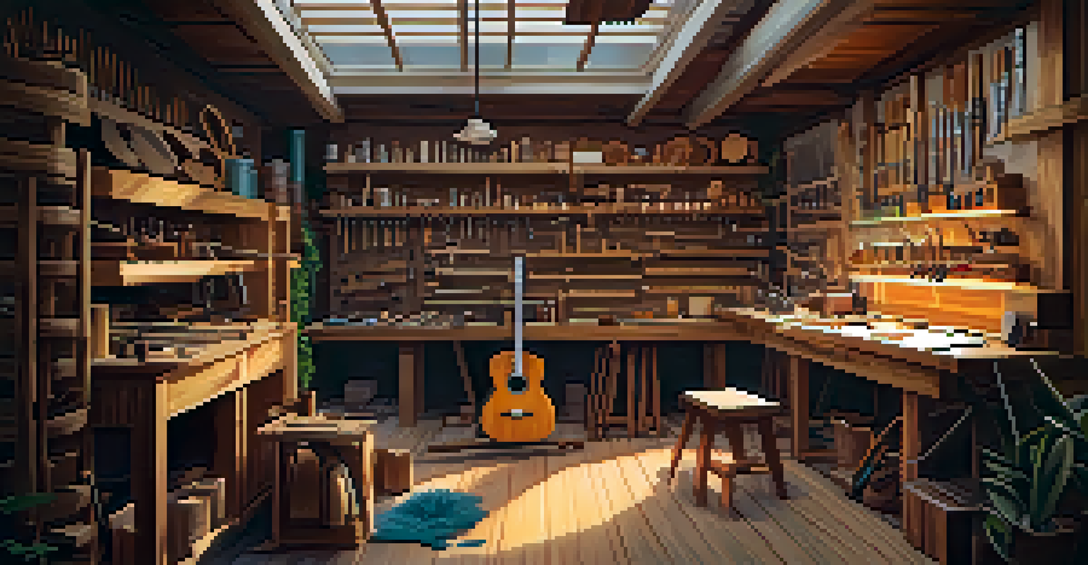 A luthier in a workshop crafting a guitar from bamboo and reclaimed wood, surrounded by tools and wood samples.