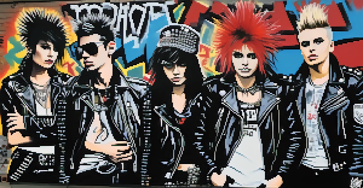 A collage of punk rock fashion elements like leather jackets and spiked hair against a graffiti-covered wall, showcasing the spirit of rebellion.