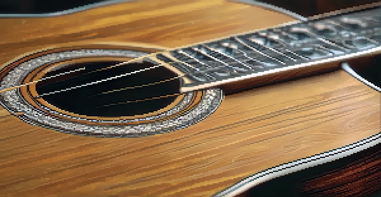 A close-up of a beautifully crafted acoustic guitar on a rustic wooden table, showcasing its details.