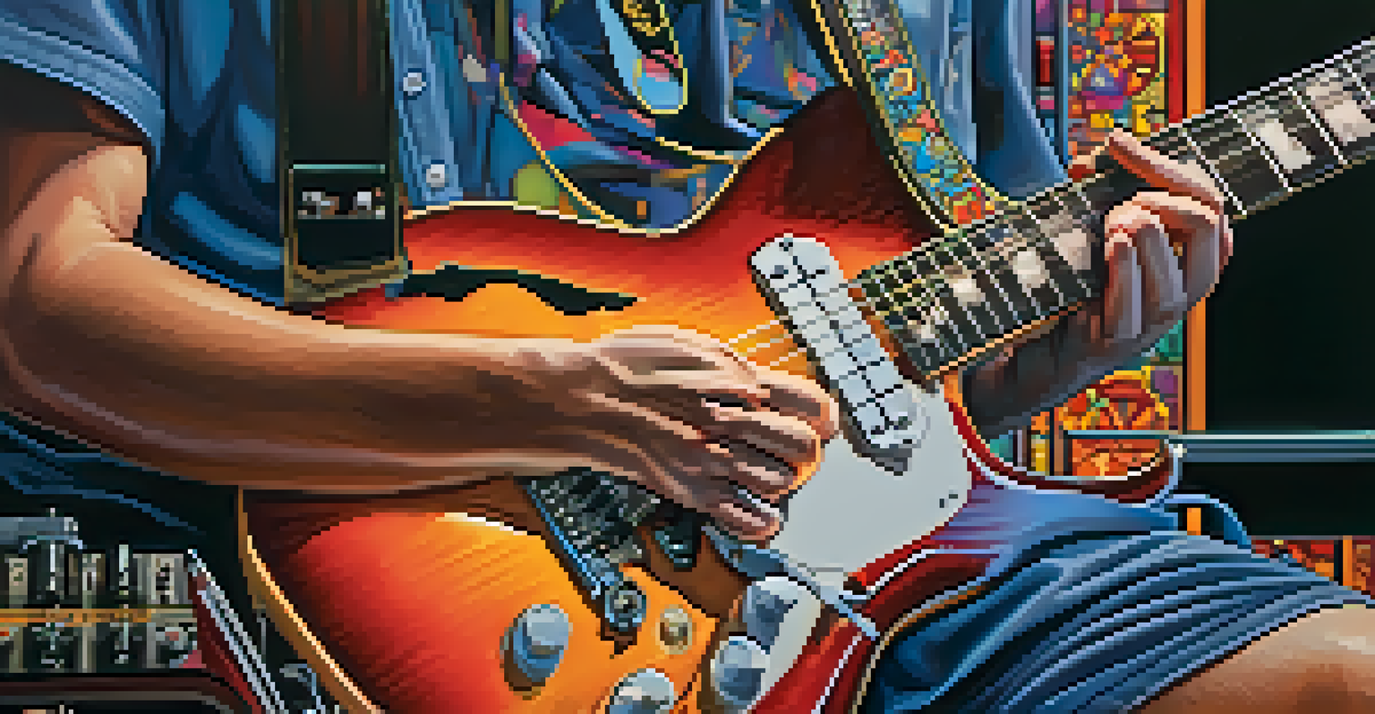 Close-up of a musician's hands playing an electric guitar, showcasing guitar strings and pedals in the background.