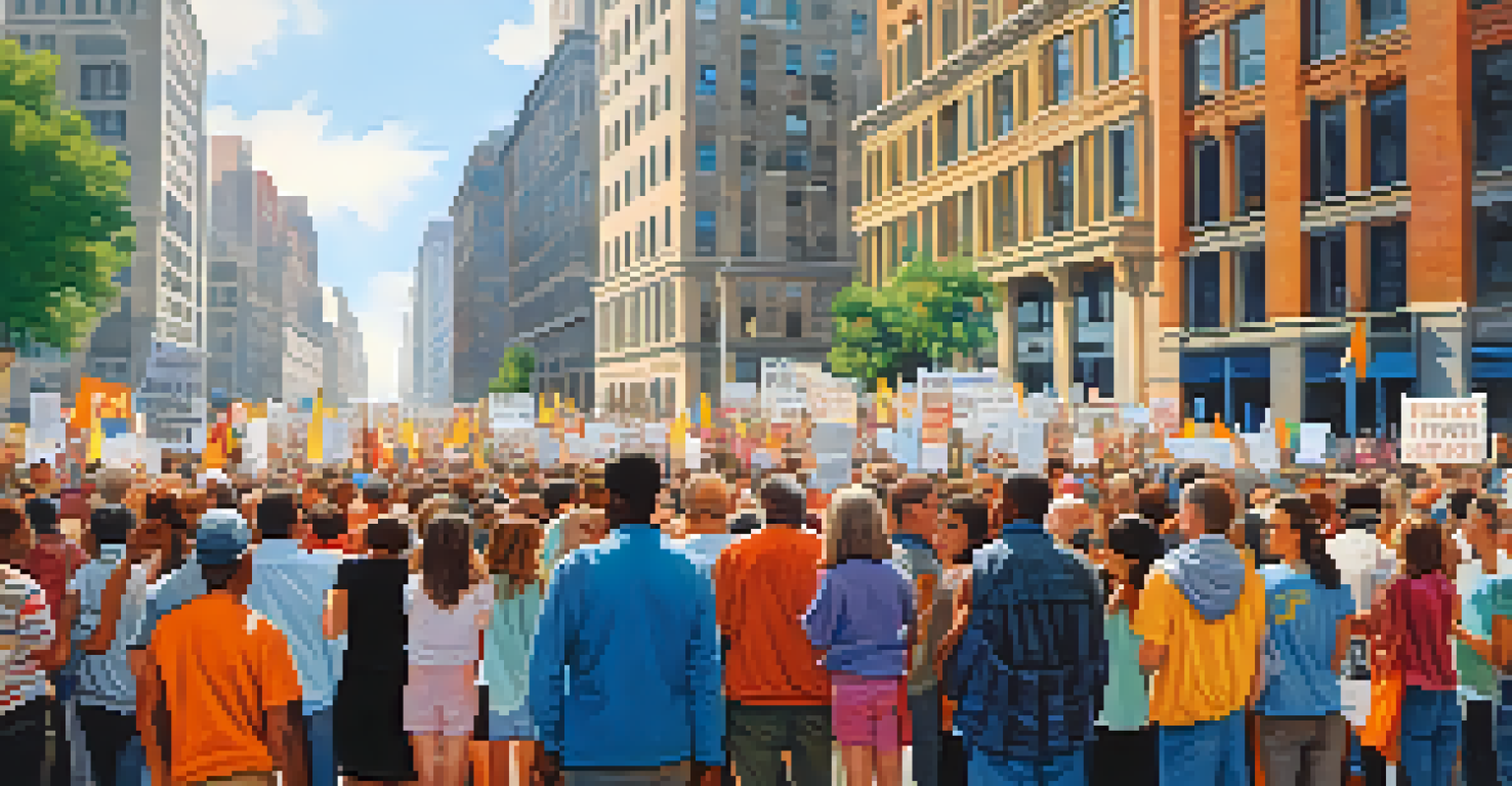 A large diverse crowd at a peaceful protest in a city square, holding signs and banners advocating for change, filled with hope and determination.