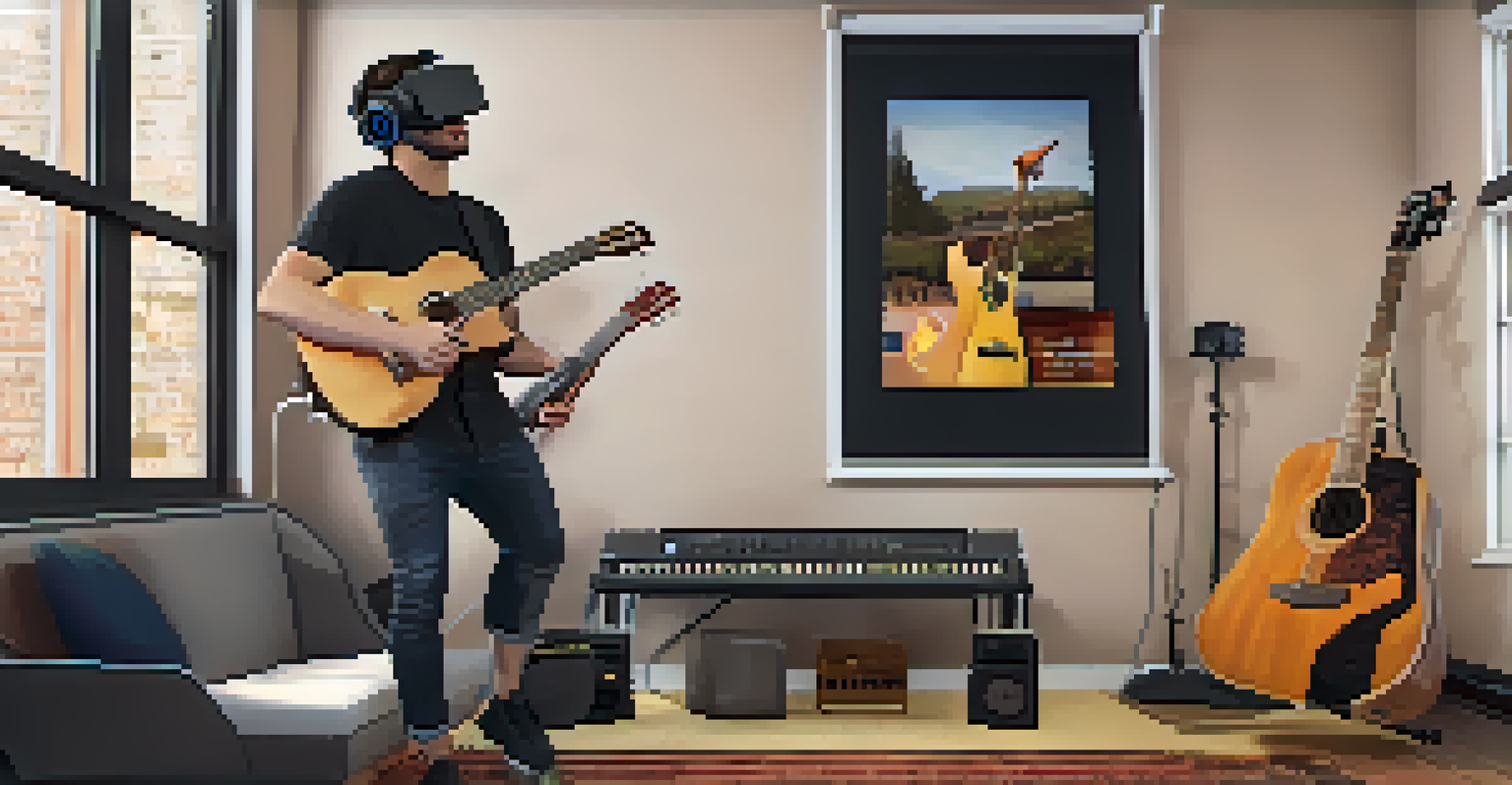 An interactive virtual reality guitar lesson with a virtual instructor demonstrating finger placements, surrounded by engaging visuals and warm colors.