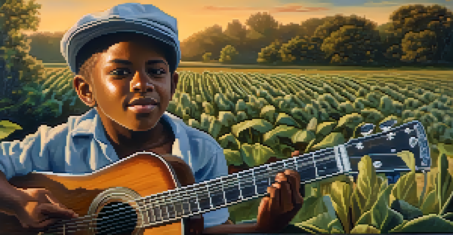 A young boy in a rustic Mississippi setting holding a homemade one-string guitar, with a sunlit field of cotton plants in the background.