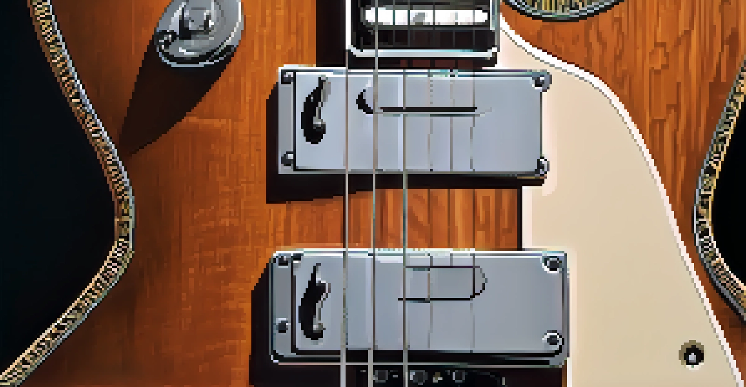 Close-up of an electric guitar's body, showcasing its wood grain and metallic pickups against a dark background.