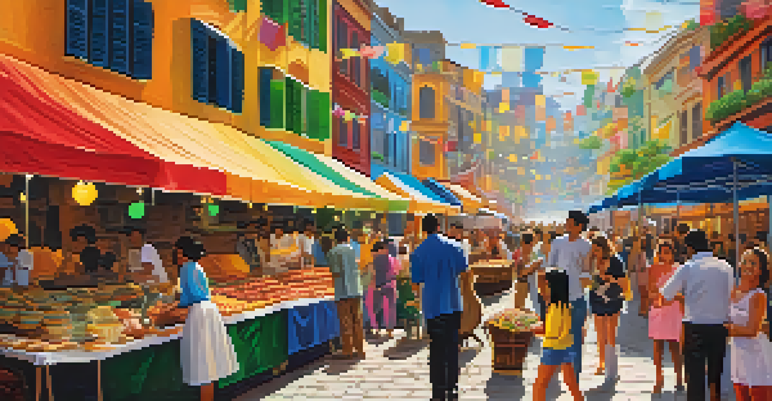 A bustling city street during a festival, with colorful stalls, diverse people, and a street musician.