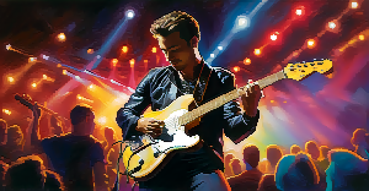 A guitarist performing on stage with colorful lights and an energetic crowd in the background.