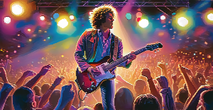 A guitarist passionately performing on stage with colorful lights and a cheering crowd around them.