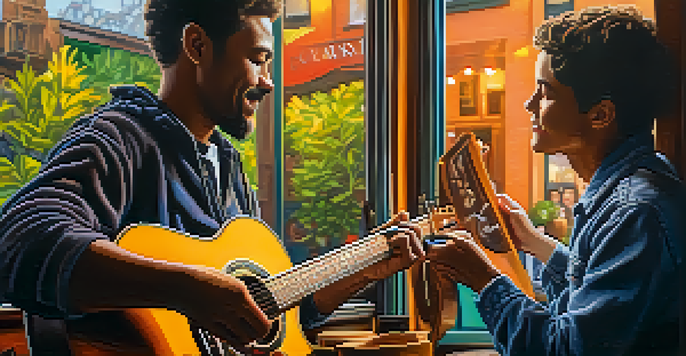 A close-up of hands playing guitar in a warm coffee shop setting, highlighting finger placements on colorful chords.
