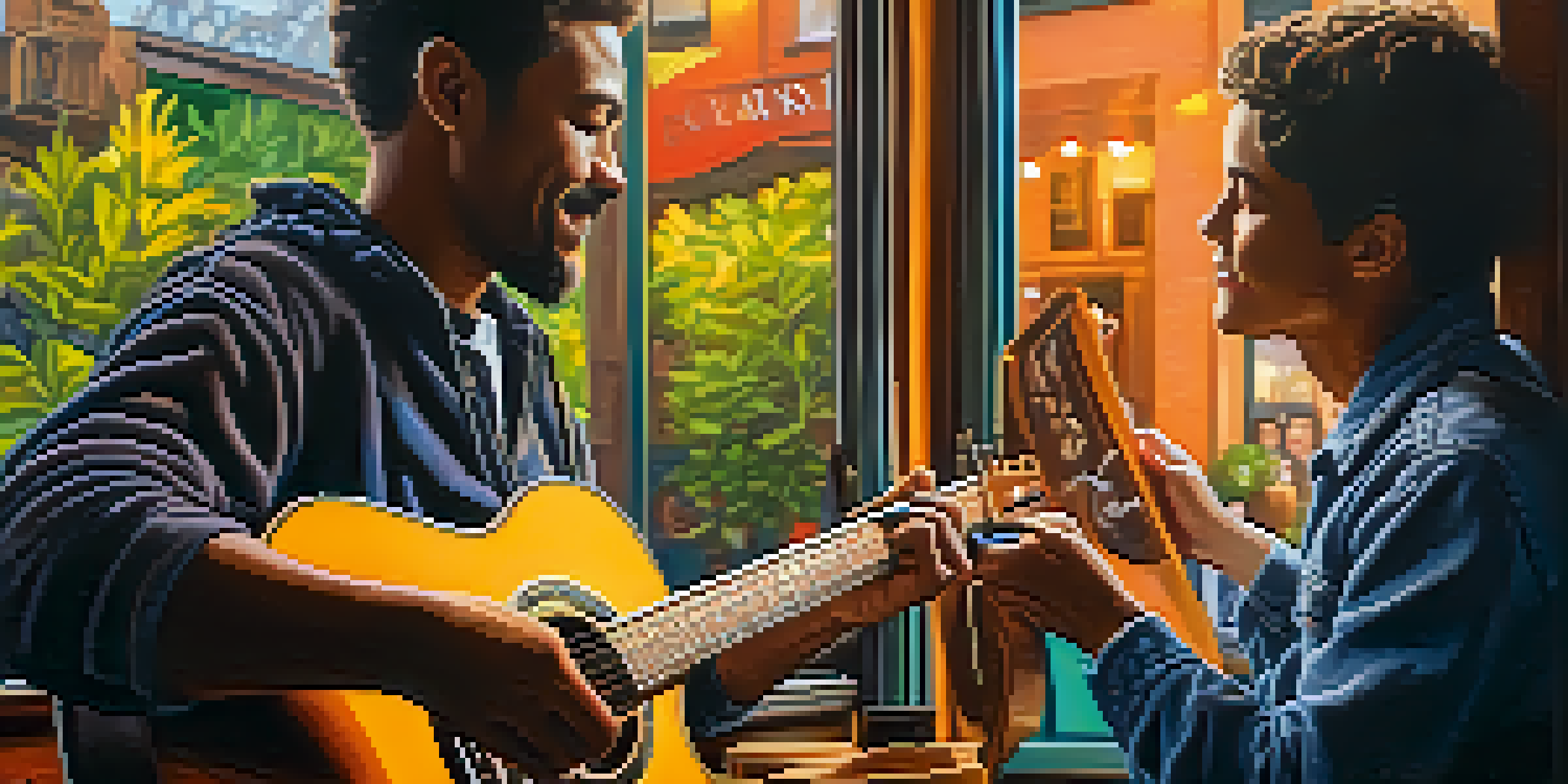 A close-up of hands playing guitar in a warm coffee shop setting, highlighting finger placements on colorful chords.