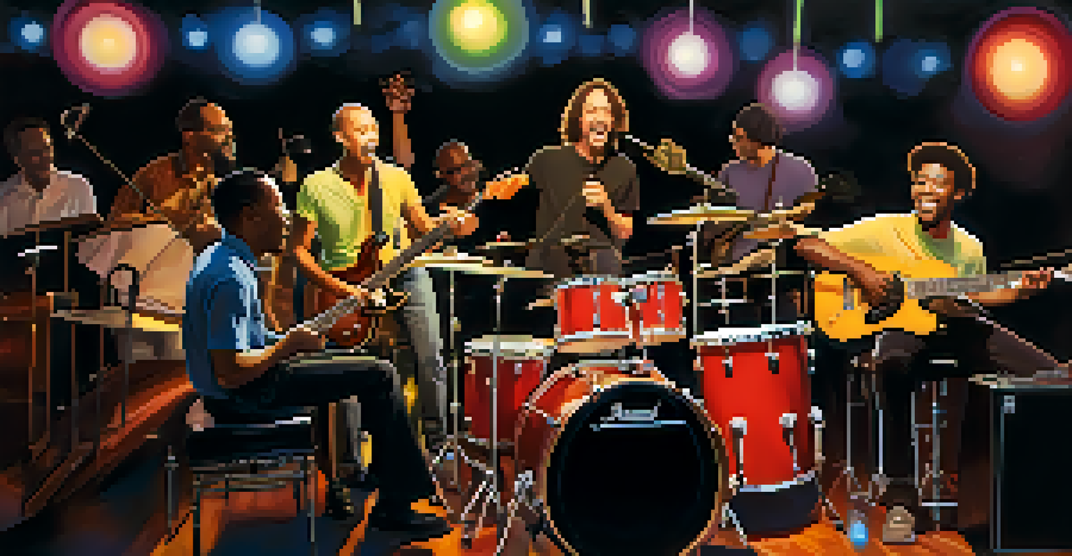 A diverse group of musicians performing on stage during a lively jam session.