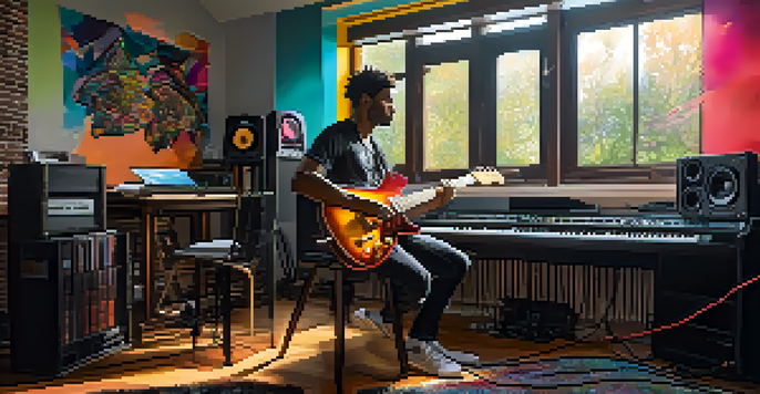 A guitarist in a colorful home studio with musical equipment and bright LED lights, playing an electric guitar while looking at a laptop.