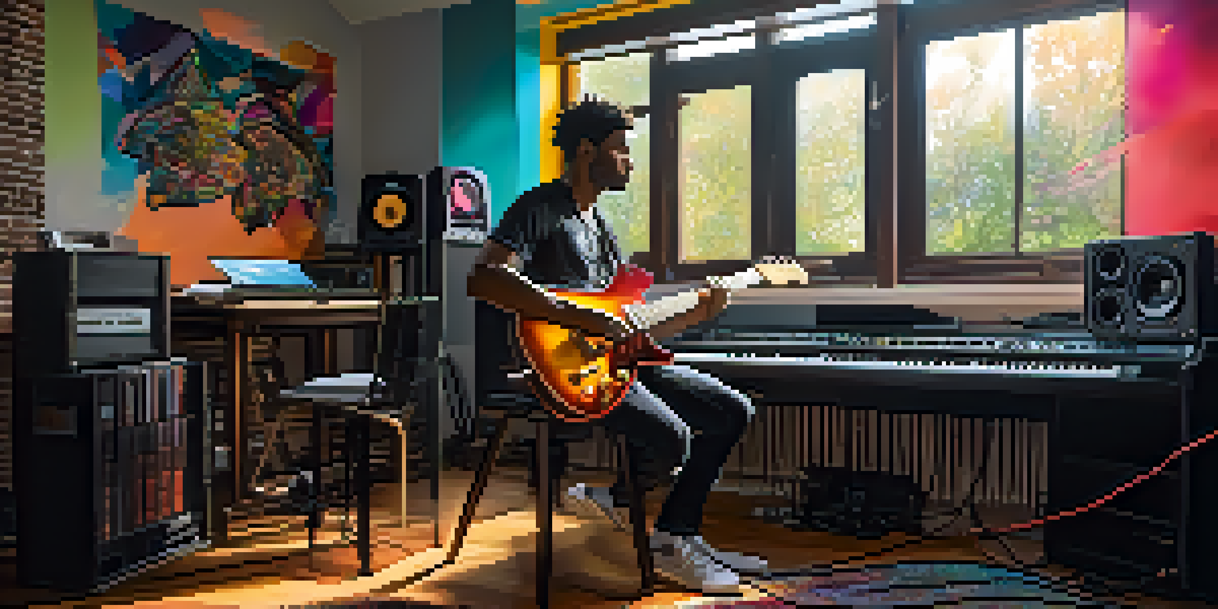 A guitarist in a colorful home studio with musical equipment and bright LED lights, playing an electric guitar while looking at a laptop.