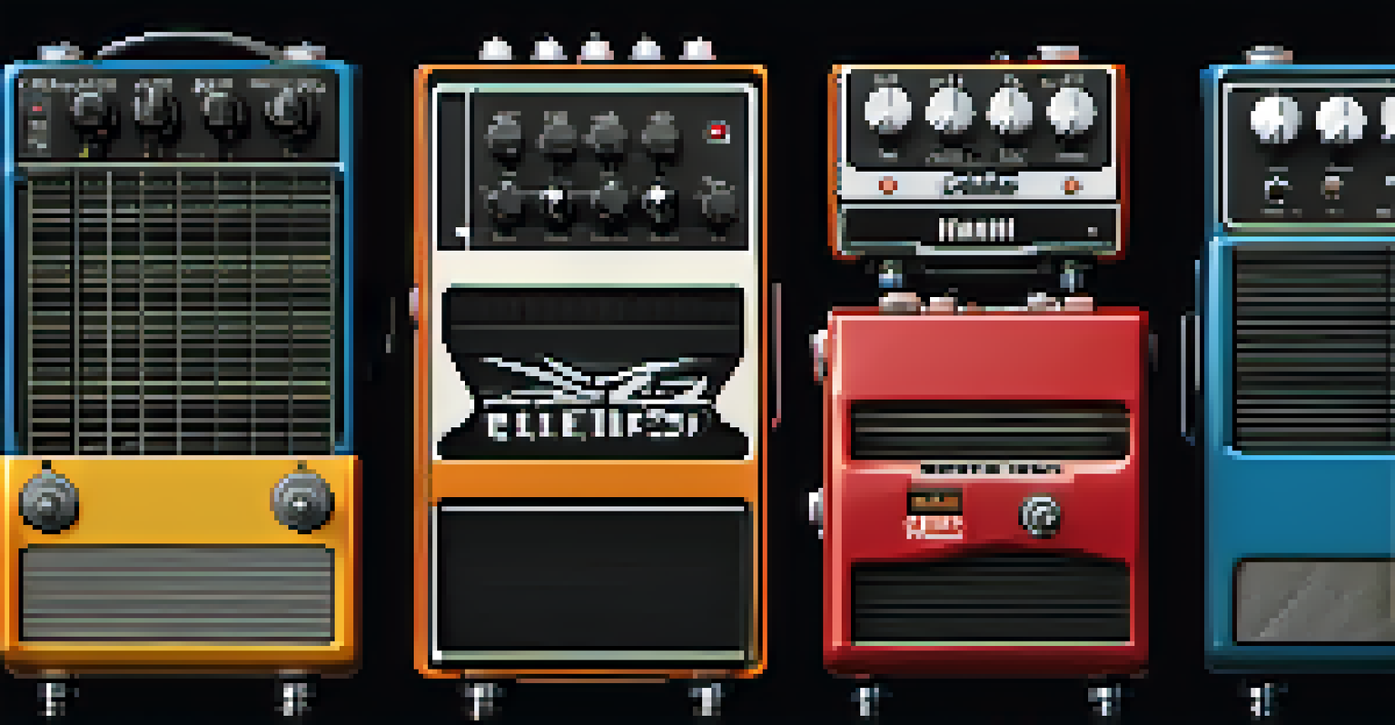 A digital representation of a virtual guitar rig with effects pedals and amplifiers in a modern design against a dark background.