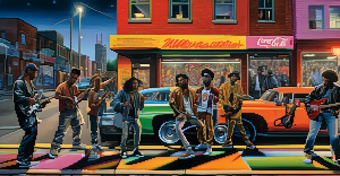 A diverse group of musicians performing together, with graffiti art in the background and colorful lights illuminating the scene.