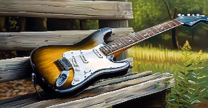 A vintage electric guitar leaning against a wooden fence, illuminated by soft sunlight with greenery in the background.