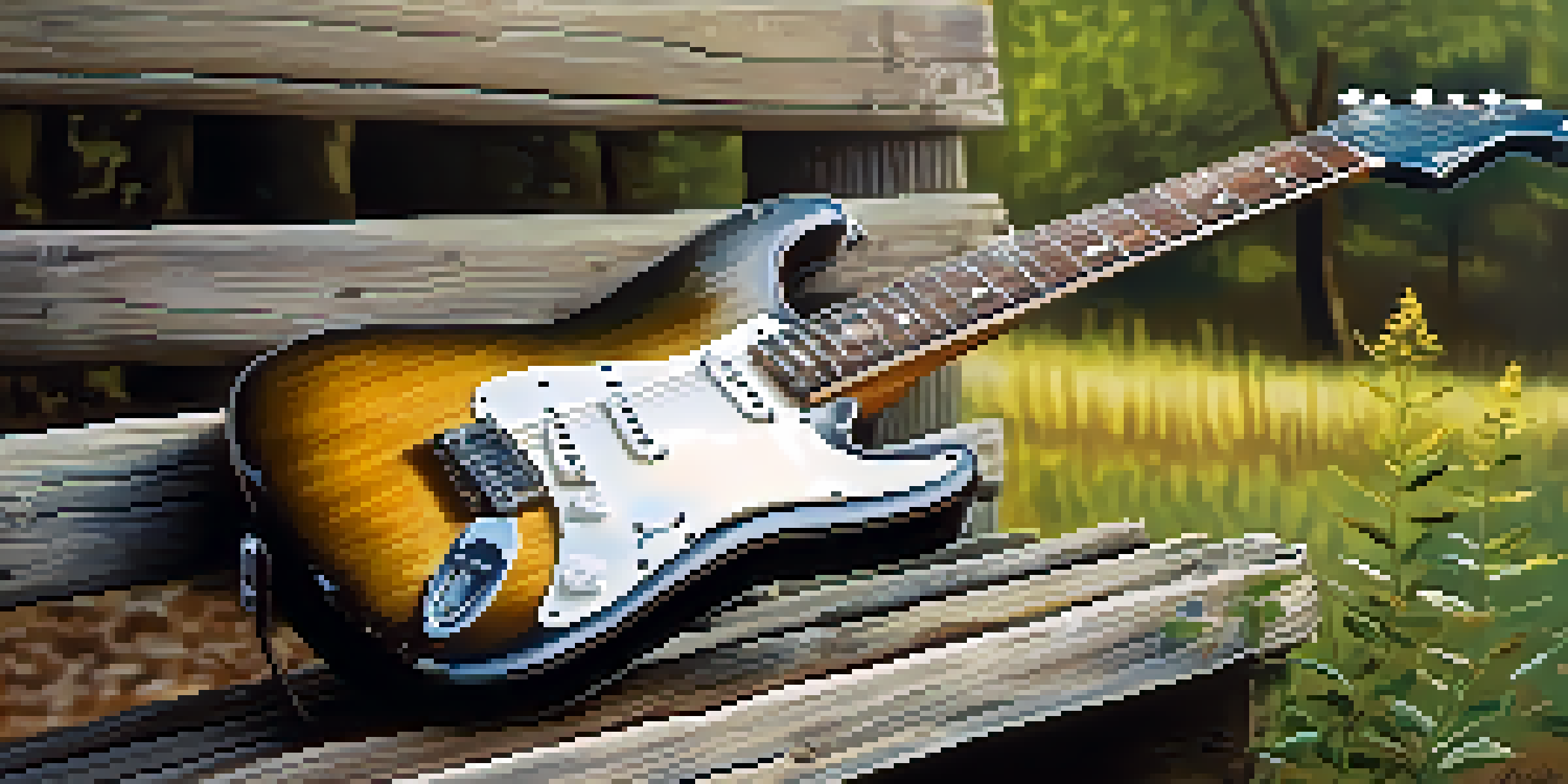 A vintage electric guitar leaning against a wooden fence, illuminated by soft sunlight with greenery in the background.