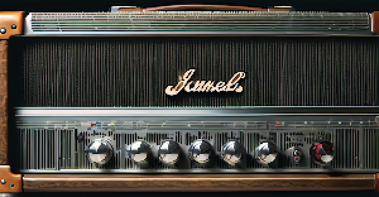 A close-up of a guitar amplifier with detailed knobs and a silhouette of a guitarist in the background.