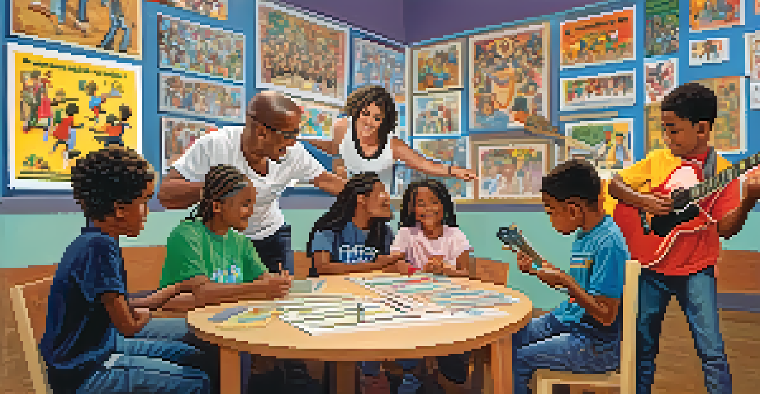 A guitar instructor teaching a small group of learners in a colorful community center, with posters on the walls.