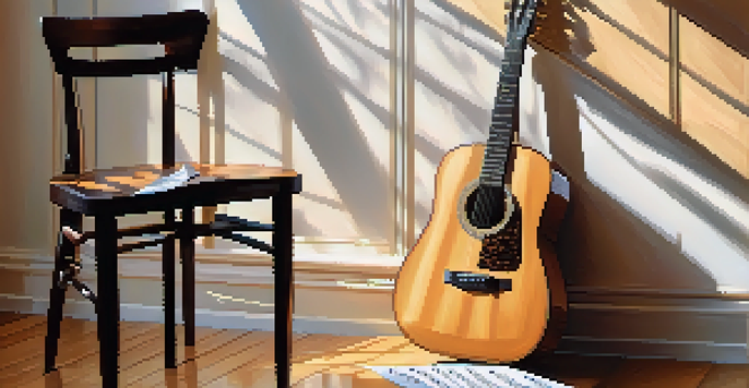 A close-up of a guitar leaning on a wooden chair, with sheet music on the floor, illuminated by soft natural light from a window.