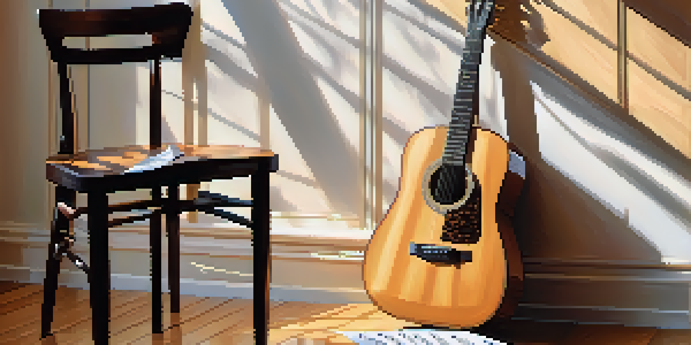 A close-up of a guitar leaning on a wooden chair, with sheet music on the floor, illuminated by soft natural light from a window.