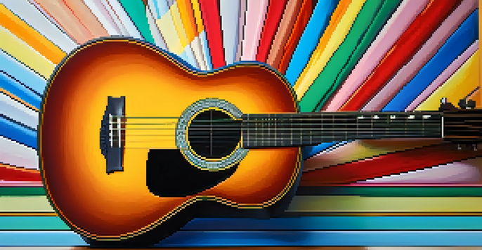 A classical guitar on a wooden table with colorful music sheets around it, softly lit to highlight the details.