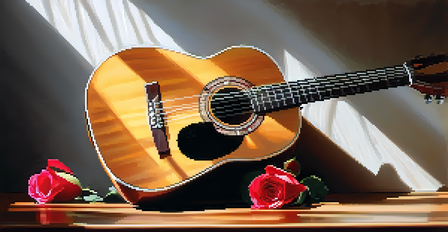 A close-up of a Flamenco guitar on a wooden stage, illuminated by sunlight, with rose petals around it.