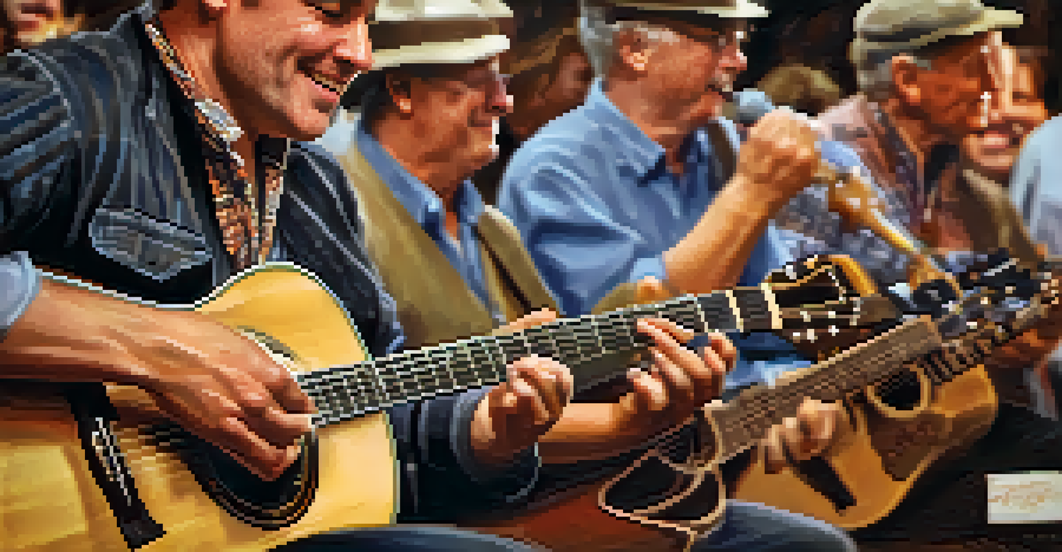 A close-up of hands playing an acoustic guitar, with musicians and an audience in the background.