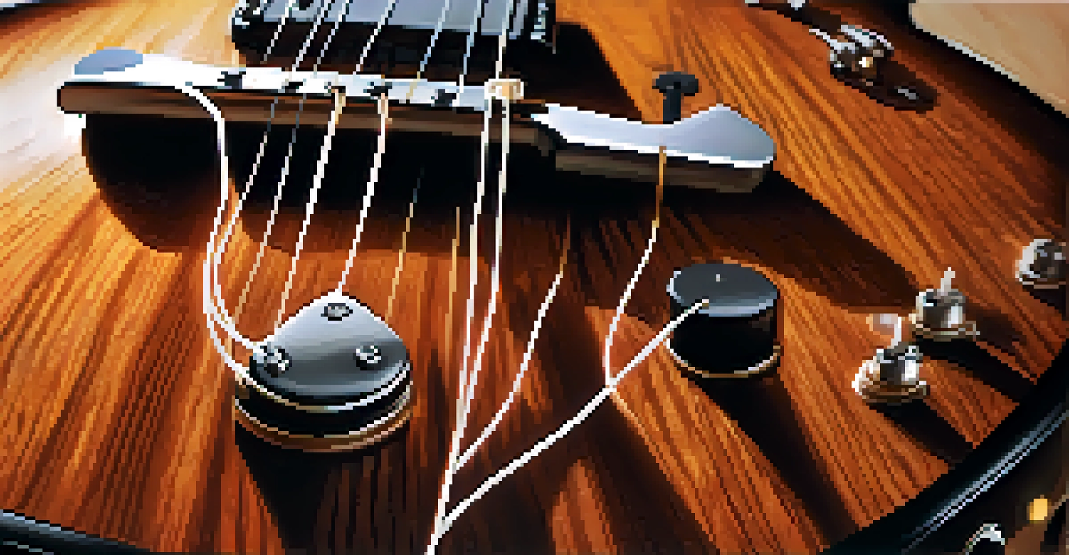 Close-up of an electric guitar on a wooden stage with soft lighting reflecting off its surface.